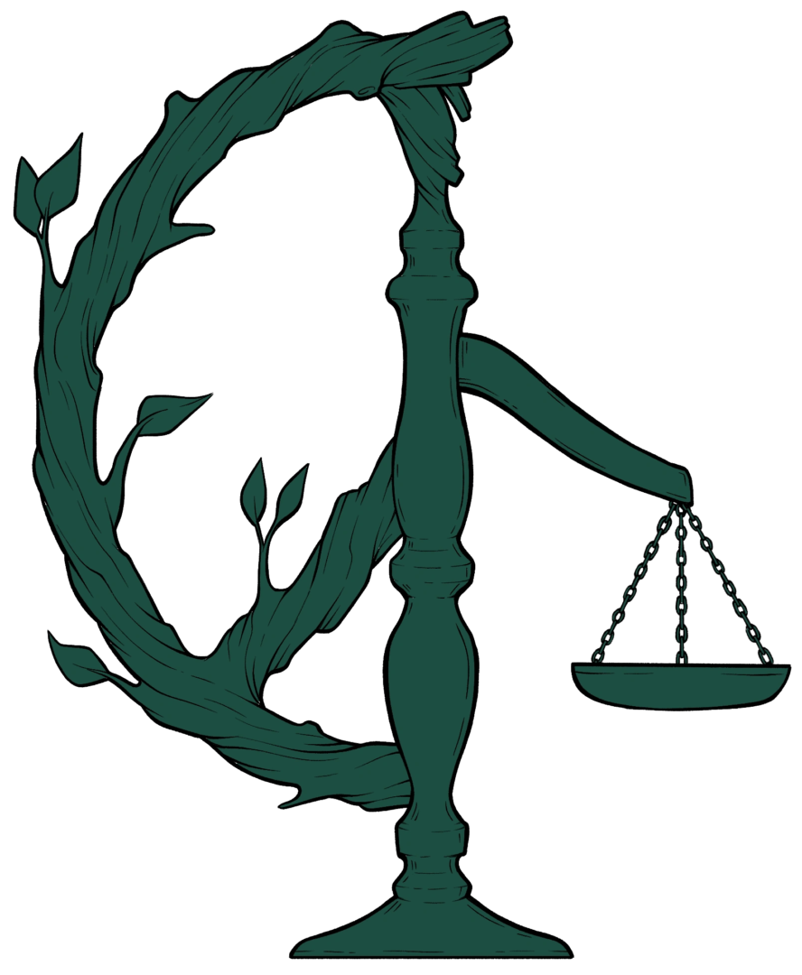 A green silhouette of a lady justice holding the scales.