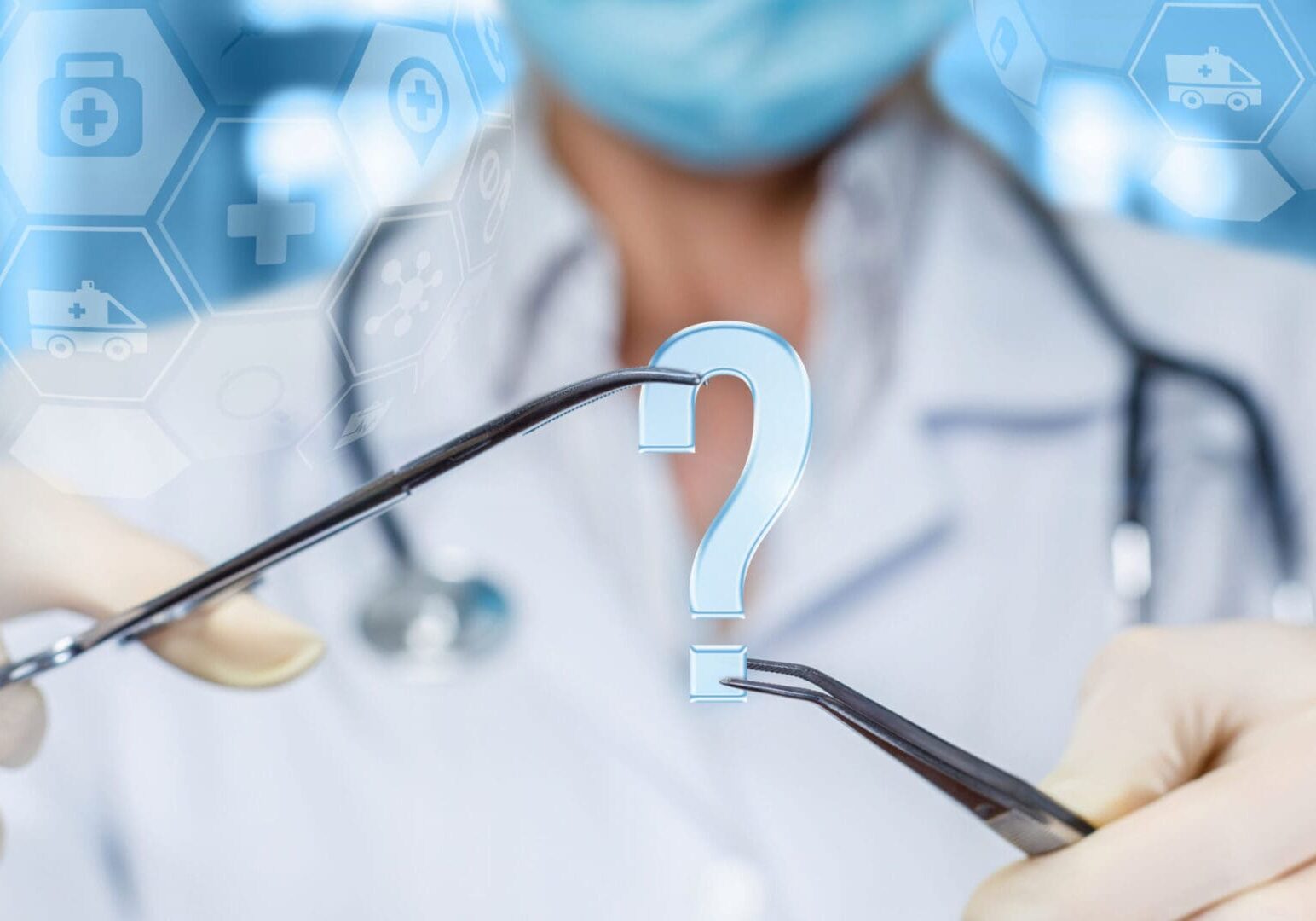 Concept questions and answers in surgery. Doctor shows a question mark on blurred background.