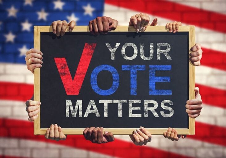 A lot of hand are holding a banner with text YOUR VOTE MATTERS on background of American flag. Your Vote Matters. Concept of voter rights and US election.