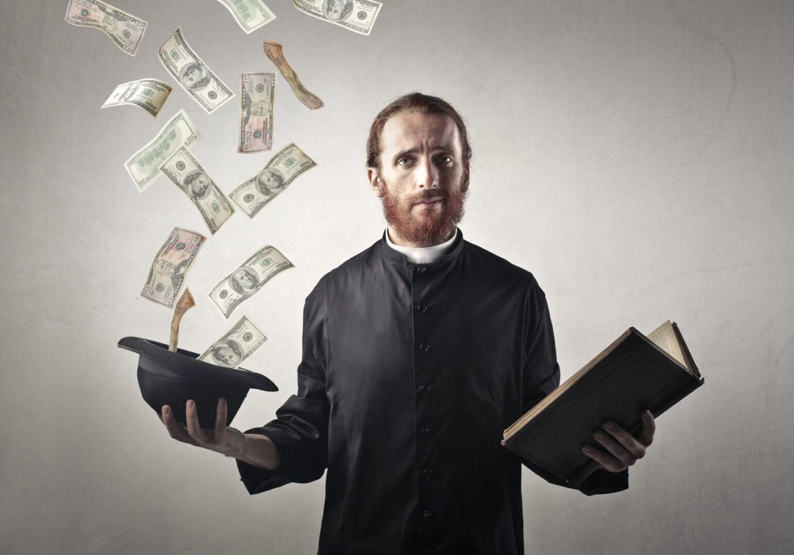 Priest with a book in his hand, and in the other hand is a hat and that is full of money